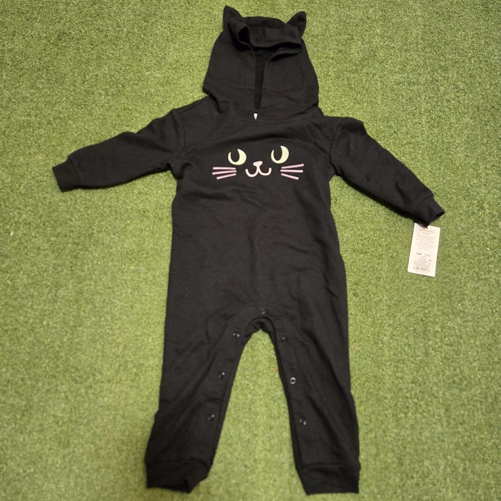 Cat & Jack Baby Black Cat Hooded Romper Halloween Costume NWT Cozy 12 Months